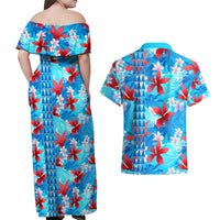 Hawaii Christmas Couples Matching Off Shoulder Maxi Dress and Hawaiian Shirt Santa Claus Surfing Kakau Tropical Style - Wonder Print Shop