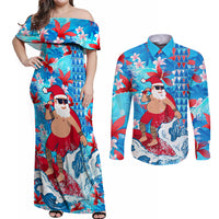 Hawaii Christmas Couples Matching Off Shoulder Maxi Dress and Long Sleeve Button Shirt Santa Claus Surfing Kakau Tropical Style - Wonder Print Shop