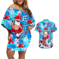 Hawaii Christmas Couples Matching Off Shoulder Short Dress and Hawaiian Shirt Santa Claus Surfing Kakau Tropical Style - Wonder Print Shop