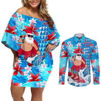 Hawaii Christmas Couples Matching Off Shoulder Short Dress and Long Sleeve Button Shirt Santa Claus Surfing Kakau Tropical Style - Wonder Print Shop