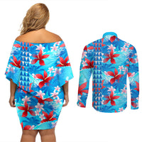 Hawaii Christmas Couples Matching Off Shoulder Short Dress and Long Sleeve Button Shirt Santa Claus Surfing Kakau Tropical Style - Wonder Print Shop