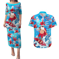 Hawaii Christmas Couples Matching Puletasi Dress and Hawaiian Shirt Santa Claus Surfing Kakau Tropical Style - Wonder Print Shop