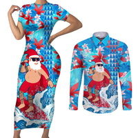 Hawaii Christmas Couples Matching Short Sleeve Bodycon Dress and Long Sleeve Button Shirt Santa Claus Surfing Kakau Tropical Style - Wonder Print Shop