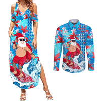 Hawaii Christmas Couples Matching Summer Maxi Dress and Long Sleeve Button Shirt Santa Claus Surfing Kakau Tropical Style - Wonder Print Shop