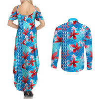 Hawaii Christmas Couples Matching Summer Maxi Dress and Long Sleeve Button Shirt Santa Claus Surfing Kakau Tropical Style - Wonder Print Shop