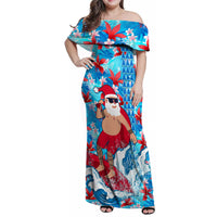 Hawaii Christmas Family Matching Off Shoulder Maxi Dress and Hawaiian Shirt Santa Claus Surfing Kakau Tropical Style - Wonder Print Shop