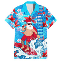 Blue short-sleeve button-up Hawaiian shirt with tropical flowers, Santa surfing print