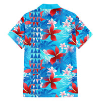 Blue Hawaiian shirt back with geometric triangle stripe and hibiscus floral print