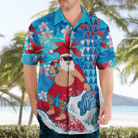 Blue tropical Santa surfing Hawaiian shirt, short sleeves, open collar, button-front