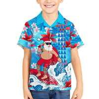Blue kids Hawaiian button-up shirt with Santa and waves, hibiscus and plumeria flowers