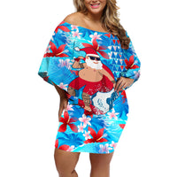 Hawaii Christmas Off Shoulder Short Dress Santa Claus Surfing Kakau Tropical Style - Wonder Print Shop