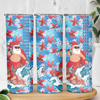 Hawaii Christmas Skinny Tumbler Santa Claus Surfing Kakau Tropical Style - Wonder Print Shop