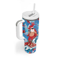 Hawaii Christmas Tumbler With Handle Santa Claus Surfing Kakau Tropical Style - Wonder Print Shop