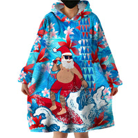 Hawaii Christmas Wearable Blanket Hoodie Santa Claus Surfing Kakau Tropical Style - Wonder Print Shop