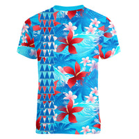 Hawaii Christmas Women V Neck T Shirt Santa Claus Surfing Kakau Tropical Style - Wonder Print Shop