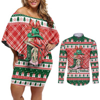 Personalized Cowgirl Boots Howdy Christmas Couples Matching Off Shoulder Short Dress and Long Sleeve Button Shirt Western Christmas - Wonder Print Shop