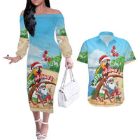 Personalized Hawaii Santa Parrot Christmas Couples Matching Off The Shoulder Long Sleeve Dress and Hawaiian Shirt Summer Vibe - Wonder Print Shop