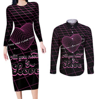 All You Need is Love Valentine Day Couples Matching Long Sleeve Bodycon Dress and Long Sleeve Button Shirt Geometry Wireframe Style - Wonder Print Shop