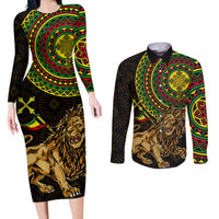 Ethiopia National Day Couples Matching Long Sleeve Bodycon Dress and Long Sleeve Button Shirt Lion Of Judah African Pattern - Wonder Print Shop
