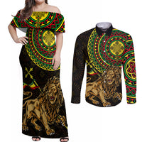 Ethiopia National Day Couples Matching Off Shoulder Maxi Dress and Long Sleeve Button Shirt Lion Of Judah African Pattern - Wonder Print Shop