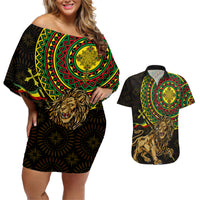 Ethiopia National Day Couples Matching Off Shoulder Short Dress and Hawaiian Shirt Lion Of Judah African Pattern - Wonder Print Shop