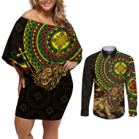Ethiopia National Day Couples Matching Off Shoulder Short Dress and Long Sleeve Button Shirt Lion Of Judah African Pattern - Wonder Print Shop