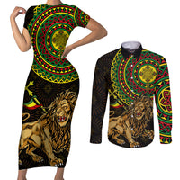 Ethiopia National Day Couples Matching Short Sleeve Bodycon Dress and Long Sleeve Button Shirt Lion Of Judah African Pattern - Wonder Print Shop