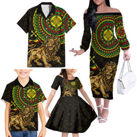 Ethiopia National Day Family Matching Off The Shoulder Long Sleeve Dress and Hawaiian Shirt Lion Of Judah African Pattern - Wonder Print Shop