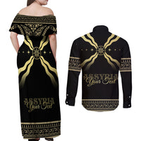 Assyria Empire Couples Matching Off Shoulder Maxi Dress and Long Sleeve Button Shirt Assyrian Mythological Spirit - Wonder Print Shop