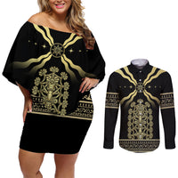Assyria Empire Couples Matching Off Shoulder Short Dress and Long Sleeve Button Shirt Assyrian Mythological Spirit - Wonder Print Shop