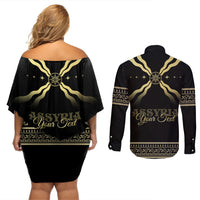 Assyria Empire Couples Matching Off Shoulder Short Dress and Long Sleeve Button Shirt Assyrian Mythological Spirit - Wonder Print Shop