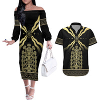Assyria Empire Couples Matching Off The Shoulder Long Sleeve Dress and Hawaiian Shirt Assyrian Mythological Spirit - Wonder Print Shop