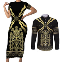 Assyria Empire Couples Matching Short Sleeve Bodycon Dress and Long Sleeve Button Shirt Assyrian Mythological Spirit - Wonder Print Shop