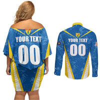 Custom Turks and Caicos Islands Football Couples Matching Off Shoulder Short Dress and Long Sleeve Button Shirt Team TCI Go Champions