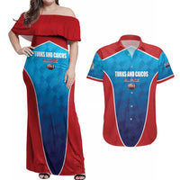 Custom Turks and Caicos Islands Rugby Couples Matching Off Shoulder Maxi Dress and Hawaiian Shirt TCI Team Come On