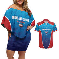 Custom Turks and Caicos Islands Rugby Couples Matching Off Shoulder Short Dress and Hawaiian Shirt TCI Team Come On