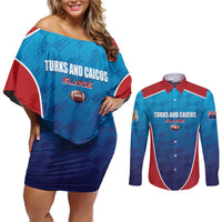 Custom Turks and Caicos Islands Rugby Couples Matching Off Shoulder Short Dress and Long Sleeve Button Shirt TCI Team Come On