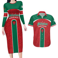 Custom Baseball Mexico Diablos Rojos Couples Matching Long Sleeve Bodycon Dress and Hawaiian Shirt Red Devils Aztec Pattern