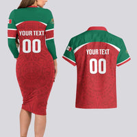 Custom Baseball Mexico Diablos Rojos Couples Matching Long Sleeve Bodycon Dress and Hawaiian Shirt Red Devils Aztec Pattern