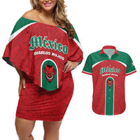 Custom Baseball Mexico Diablos Rojos Couples Matching Off Shoulder Short Dress and Hawaiian Shirt Red Devils Aztec Pattern