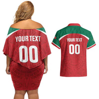 Custom Baseball Mexico Diablos Rojos Couples Matching Off Shoulder Short Dress and Hawaiian Shirt Red Devils Aztec Pattern