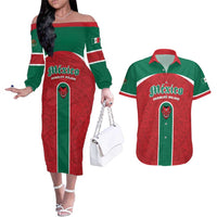 Custom Baseball Mexico Diablos Rojos Couples Matching Off The Shoulder Long Sleeve Dress and Hawaiian Shirt Red Devils Aztec Pattern