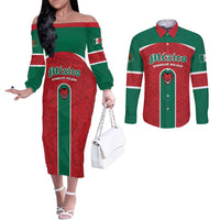 Custom Baseball Mexico Diablos Rojos Couples Matching Off The Shoulder Long Sleeve Dress and Long Sleeve Button Shirt Red Devils Aztec Pattern