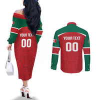 Custom Baseball Mexico Diablos Rojos Couples Matching Off The Shoulder Long Sleeve Dress and Long Sleeve Button Shirt Red Devils Aztec Pattern