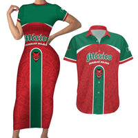 Custom Baseball Mexico Diablos Rojos Couples Matching Short Sleeve Bodycon Dress and Hawaiian Shirt Red Devils Aztec Pattern