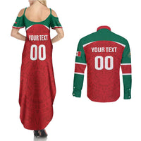 Custom Baseball Mexico Diablos Rojos Couples Matching Summer Maxi Dress and Long Sleeve Button Shirt Red Devils Aztec Pattern