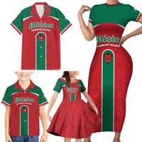Custom Baseball Mexico Diablos Rojos Family Matching Short Sleeve Bodycon Dress and Hawaiian Shirt Red Devils Aztec Pattern