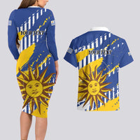 Personalized Uruguay 200th Independence Day Couples Matching Long Sleeve Bodycon Dress and Hawaiian Shirt Sol de Mayo Grunge Stylized - Wonder Print Shop