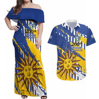 Personalized Uruguay 200th Independence Day Couples Matching Off Shoulder Maxi Dress and Hawaiian Shirt Sol de Mayo Grunge Stylized - Wonder Print Shop