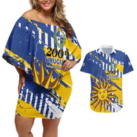 Personalized Uruguay 200th Independence Day Couples Matching Off Shoulder Short Dress and Hawaiian Shirt Sol de Mayo Grunge Stylized - Wonder Print Shop